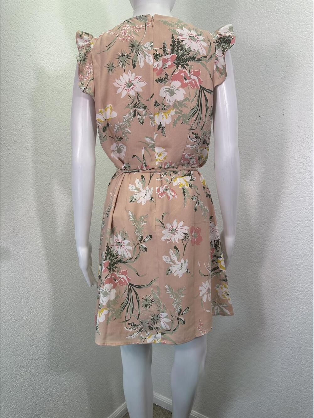 New Sz M Loft Pink Floral Dress Romantic Flutter Sleeve V-Neck Tie Waist - Picture 2 of 6